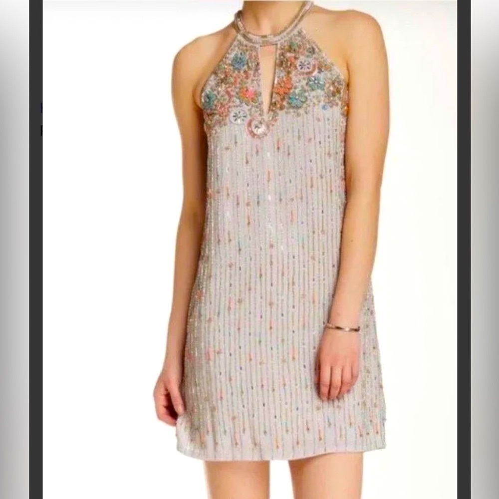 Parker Sansa Keyhole Silk Beautiful Beaded Dress New Silver Size XS Small Stain